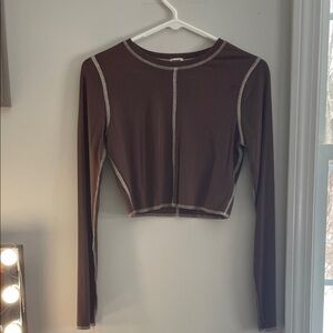 Brown Long Sleeve Ribbed Top